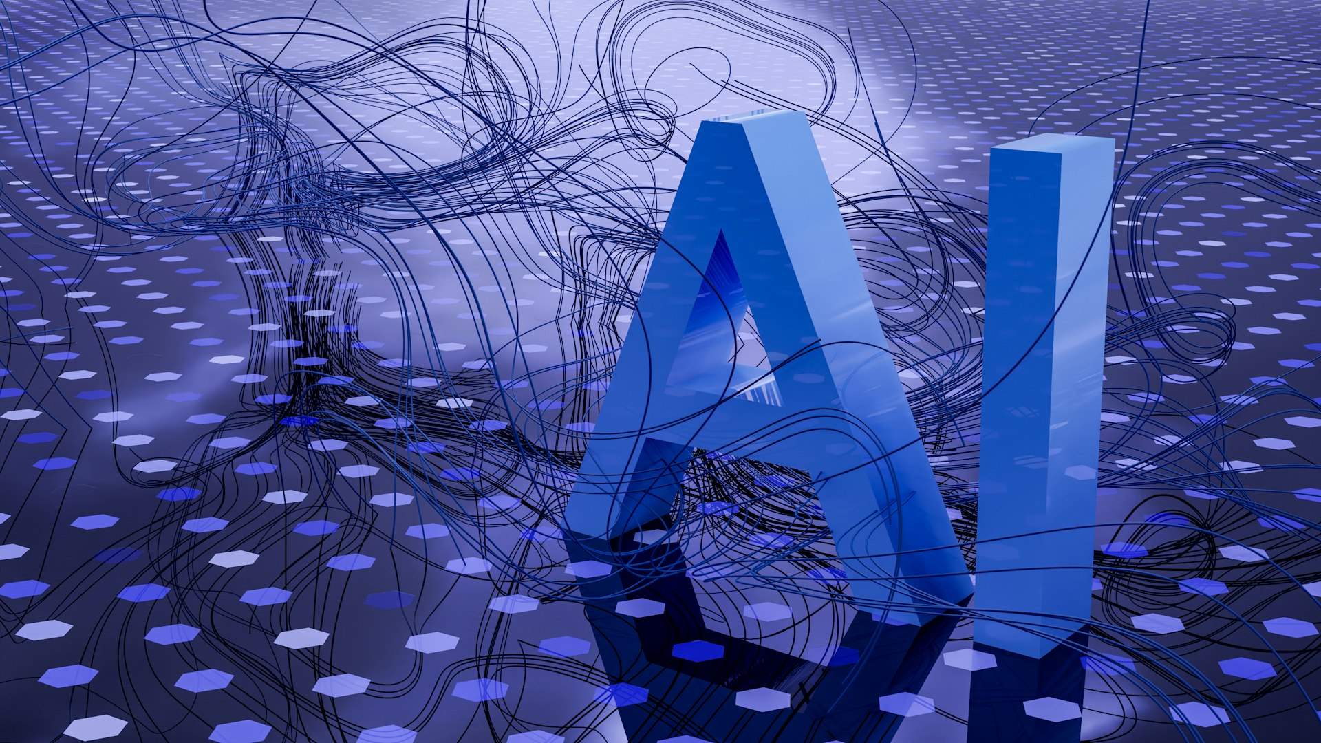 a 3D graphic featuring large, reflective blue letters &#34;AI&#34; rising out of a dark, patterned grid floor, surrounded by abstract, chaotic threads or cables that represent data.